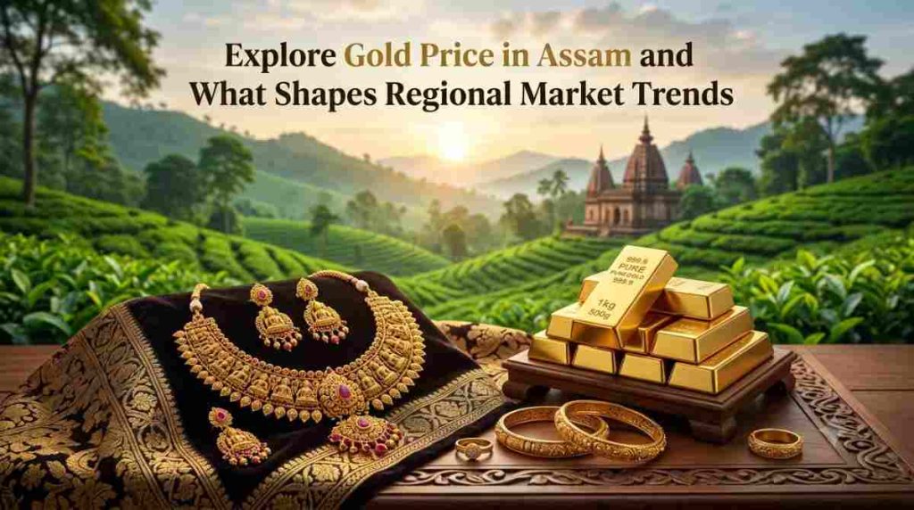 Gold jewellery and coins displayed to represent the gold price in Assam